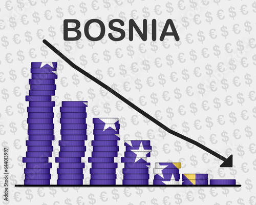 Bosnia and Herzegovina economic collapse, decreasing values with coins, crisis and downgrade concept