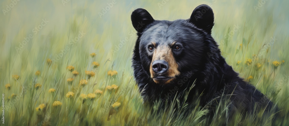 A big black bear in an open area isolated pastel background Copy space A big black bear in an open area isolated pastel background Copy space