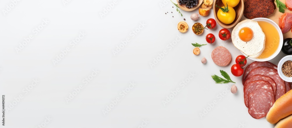 Isolated breakfast with eggs bread and sausage isolated pastel background Copy space