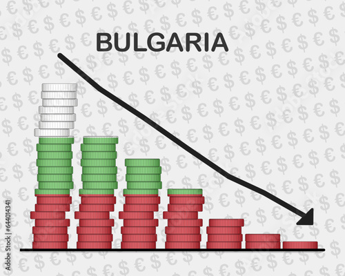 Bulgaria economic collapse, decreasing values with coins, crisis and downgrade concept