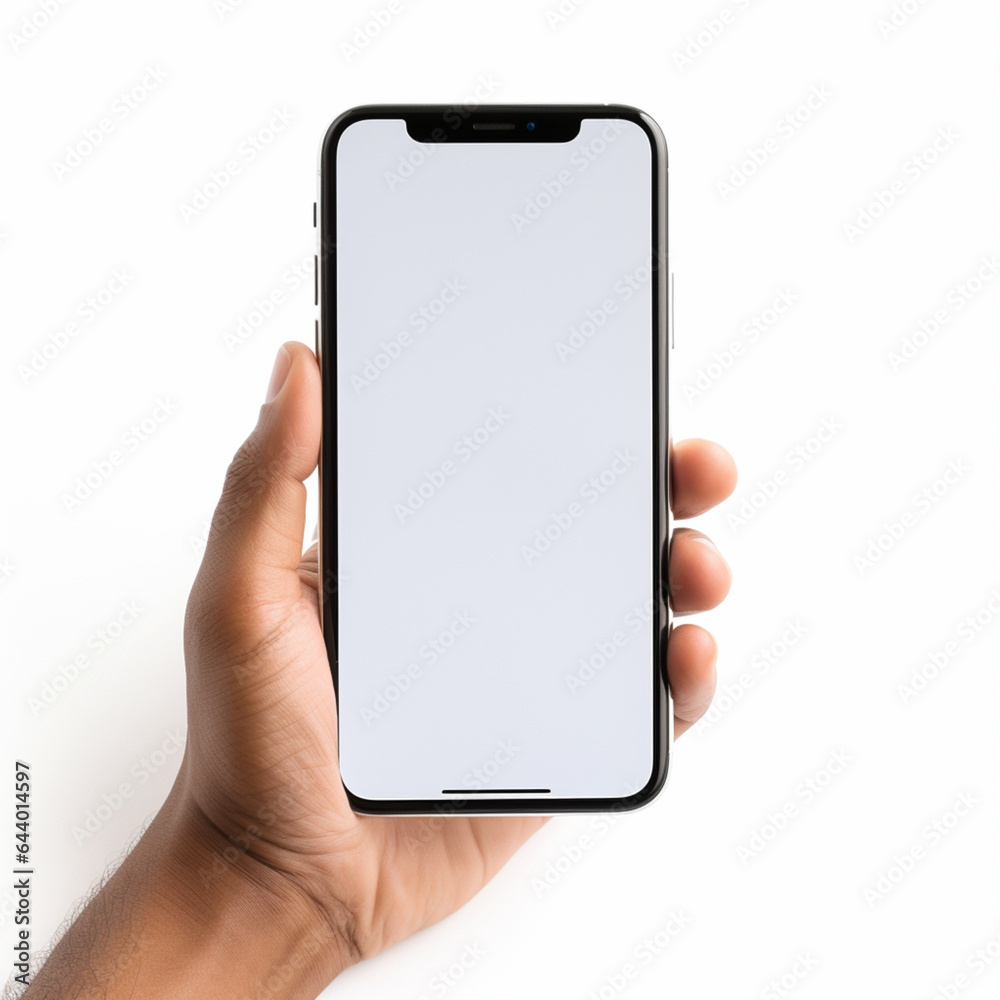 A hand holds a smartphone with a blank screen on a white background. A hand holds a smartphone with a blank screen on a white background.