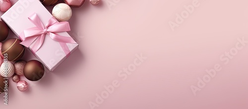 Elegant gift boxes and chocolates on a isolated pastel background Copy space with room for text