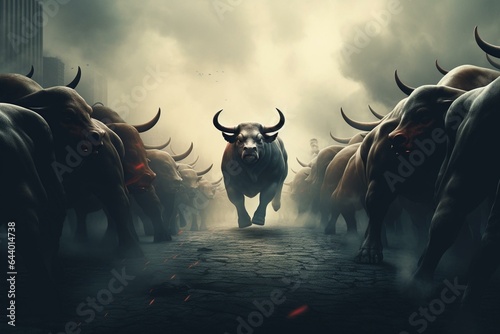 A cautionary business metaphor symbolizing danger in following popular trends, as bulls mindlessly head towards their demise. Generative AI