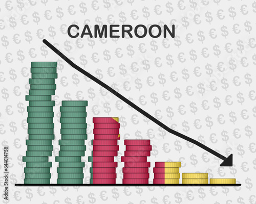 Cameroon economic collapse, decreasing values with coins, crisis and downgrade concept
