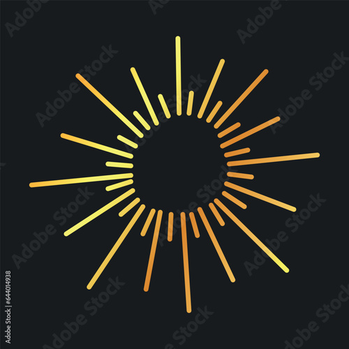Cute decorative vector element isolated on dark background. Golden gradient sun, sunburst.