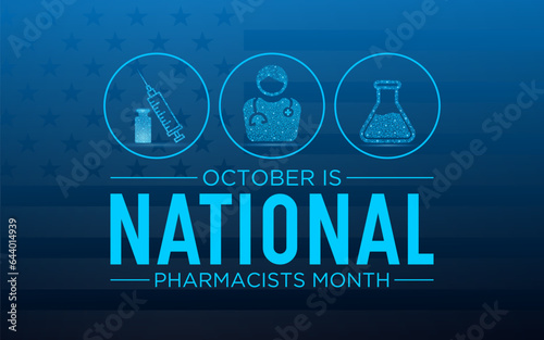 National pharmacists month is observed every year in october. October is National american pharmacists month. Low poly style design.