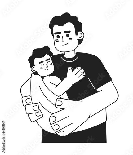 Father taking baby everywhere monochrome concept vector spot illustration. Newborn inside sling carrier 2D flat bw cartoon characters for web UI design. Isolated editable hand drawn hero image