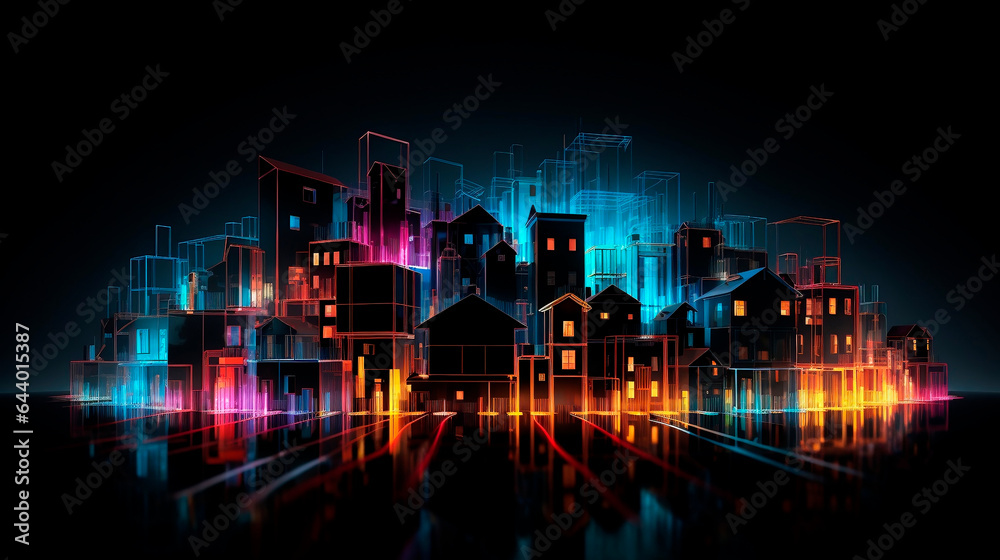 Cityscape with neon lights on dark background. 3D rendering.