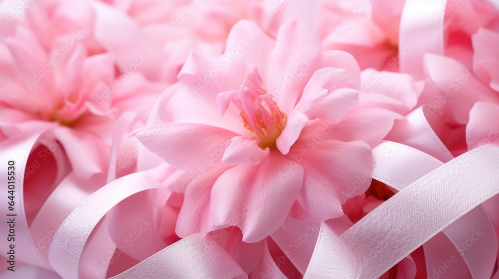 Pink ribbon with flowers background. Breast Cancer Awareness concept. October Cancer Awareness Month. For poster, wallpaper, presentation, banner, Cover design, flyer, backdrop. Pink ribbon with flowers background. Breast Cancer Awareness concept. October Cancer Awareness Month. For poster, wallpaper, presentation, banner, Cover design, flyer, backdrop.