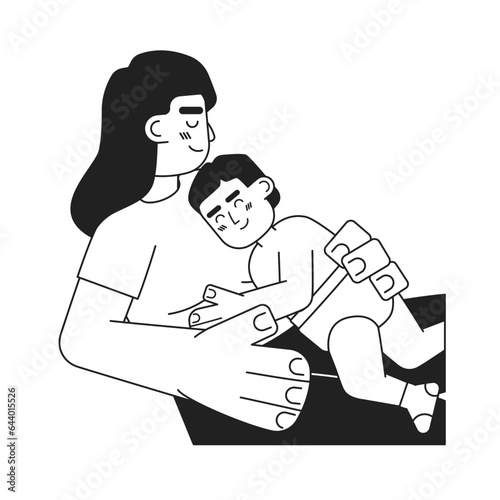 Falling asleep monochrome concept vector spot illustration. Infant sleeping on chest. Skin to skin 2D flat bw cartoon characters for web UI design. Maternity isolated editable hand drawn hero image