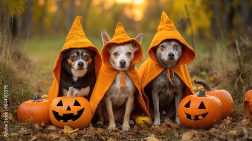 Dog wearing spooky costume for party. Horizontal shot of a happy cute puppy dressed in funny clothes and looking at the camera. Happy Halloween, autumn and Humanised animals concept..