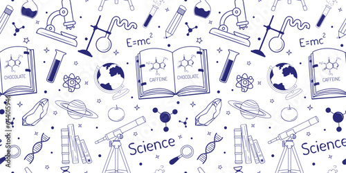 Science seamless pattern. Minimalistic repeating image for printing. Gift wrapping, paper. Science and research, flasks, books, test tubes, space, microscope, DNA, magnifier. 