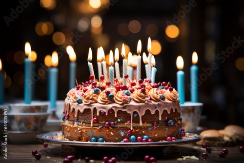 Festive Birthday Cake Surrounded By Birthday Candle, Generative AI