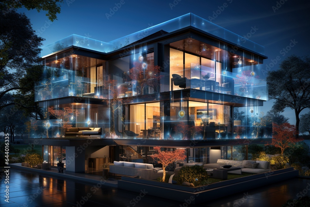 modern home view of a network surrounded by light pulses modern home view of a network surrounded by light pulses