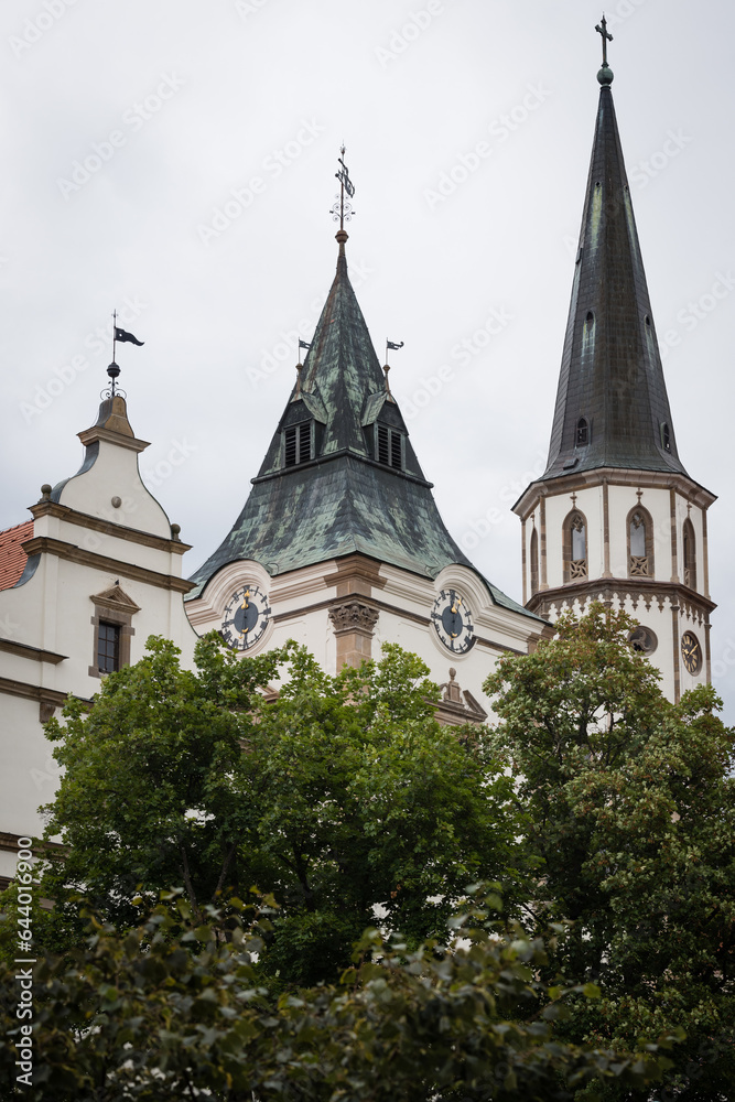 Towers of Town Hall and Saint James Basilica in background, Levoca, UNESCO wold heritage site, Slovakia