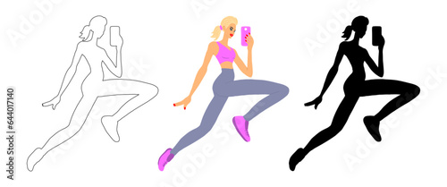 Athletic blonde woman jumping and taking a selfie. Girl blogger jogging leads an online broadcast. In color, silhouette, outline. Vector isolated on white. Sports, healthy lifestyle social networks