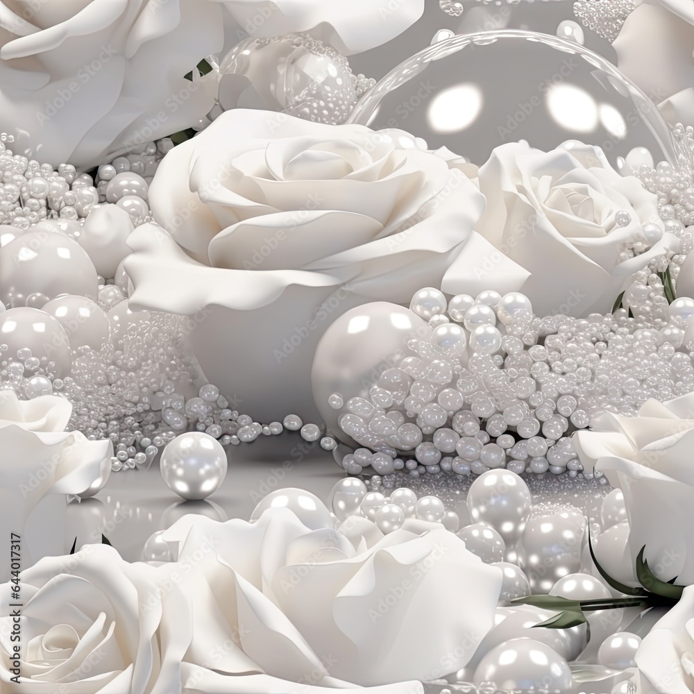 seamless pattern with art wedding decor with white roses and pearls - obrazy, fototapety, plakaty 