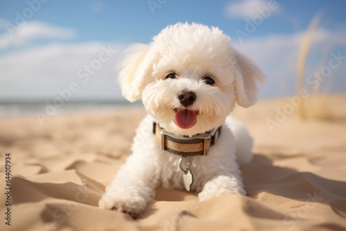 Lifestyle portrait photography of a funny bichon frise hiding wearing a spiked collar against a serene dune landscape background. With generative AI technology © Markus Schröder