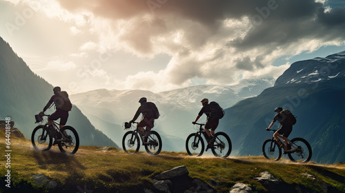 Two friends on electric bicycles enjoying a scenic ride through beautiful mountains