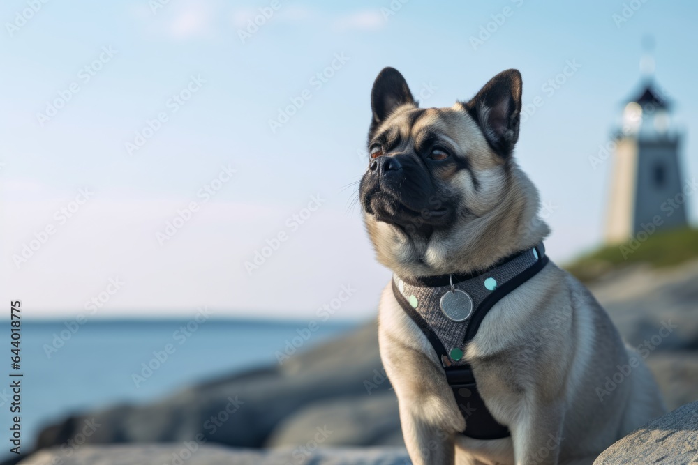 Medium shot portrait photography of a cute norwegian elkhound guarding wearing a butterfly wings against a majestic lighthouse on a cliff background. With generative AI technology