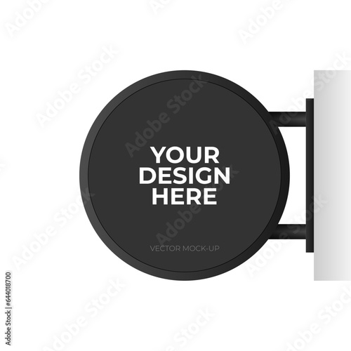 Black round signboard on the wall outdoor. Vector mockup