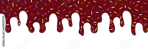 Chocolate and ice cream melted with colorful cute candy sprinkles long border, banner, wallpaper, backdrop seamless pattern. Vector ilustration