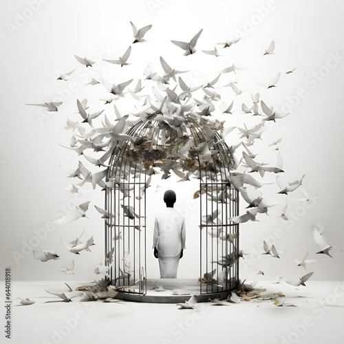 man inside a cage with a bird