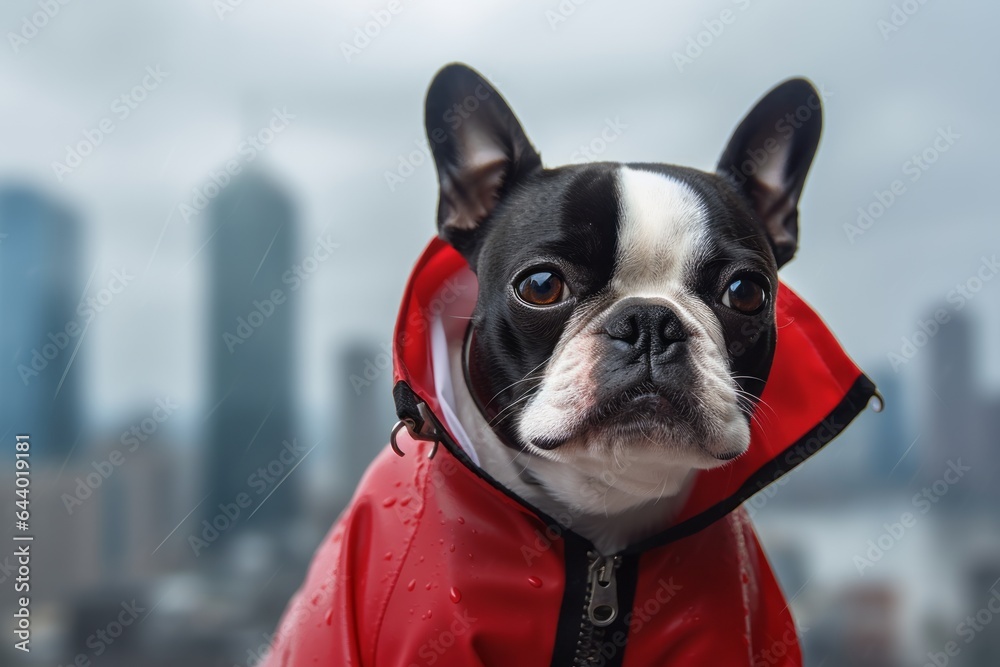 Close-up portrait photography of a smiling boston terrier nuzzling wearing a raincoat against a modern cityscape background. With generative AI technology