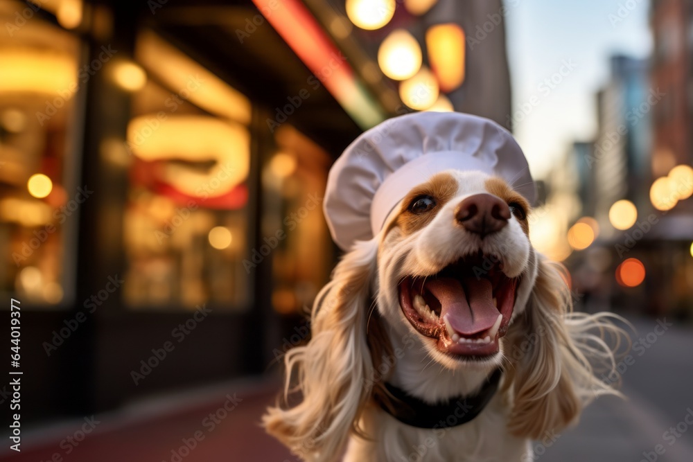 Lifestyle portrait photography of a smiling cocker spaniel shaking head wearing a chef hat against a vibrant market street background. With generative AI technology