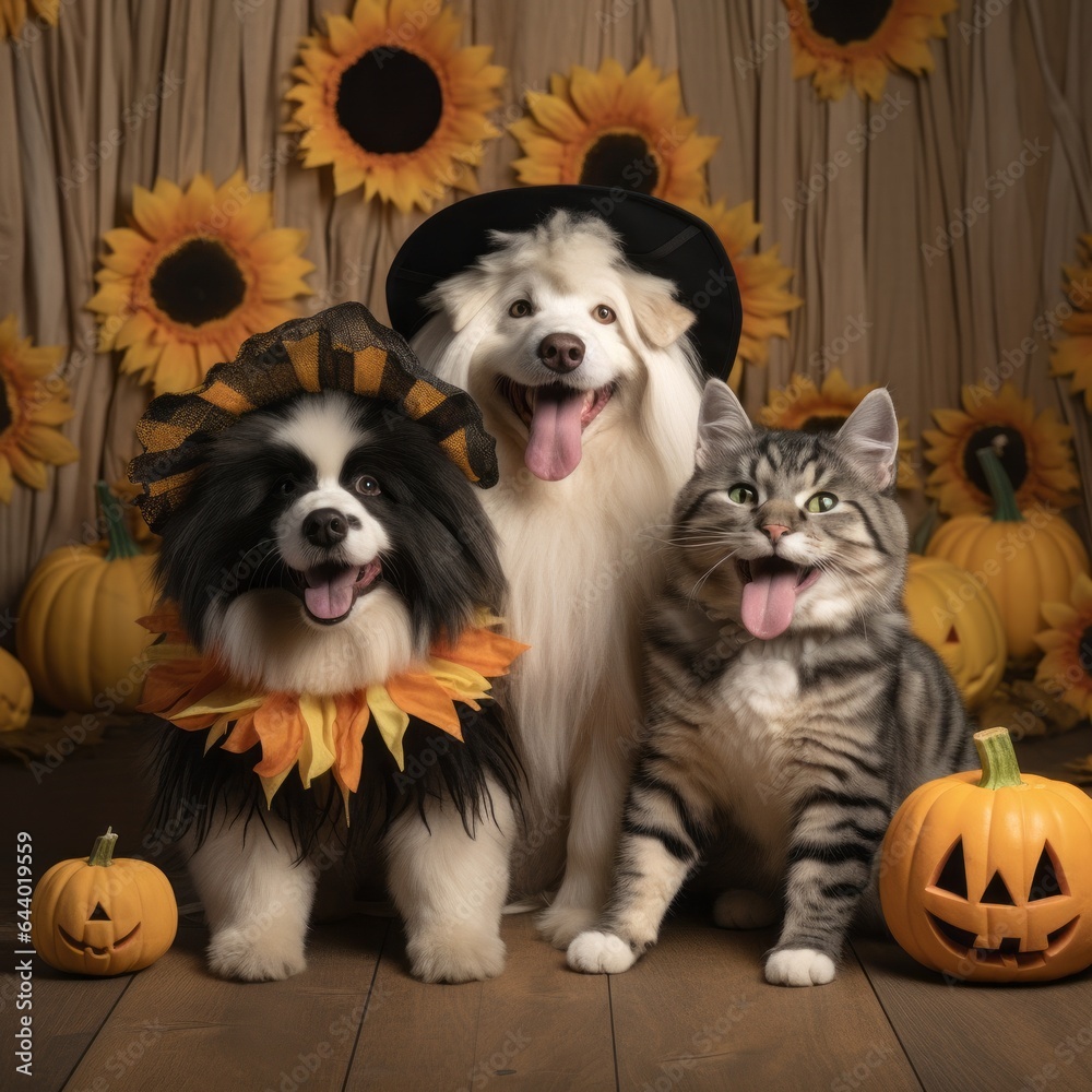 On halloween night, a costumed canine and feline enjoy the warmth of their indoor abode, each adorned with gourds and squash, embracing the spirit of the season in perfect harmony On halloween night, a costumed canine and feline enjoy the warmth of their indoor abode, each adorned with gourds and squash, embracing the spirit of the season in perfect harmony