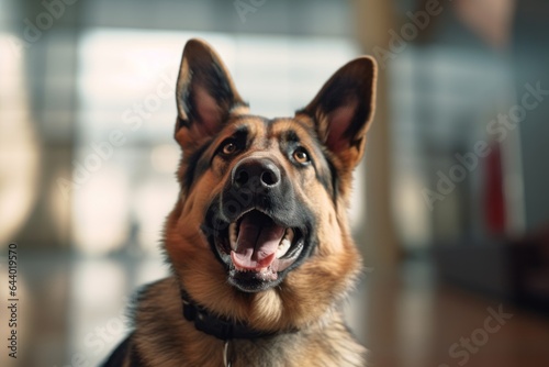 Close-up portrait photography of a cute german shepherd licking face wearing a training vest against a sophisticated corporate office background. With generative AI technology
