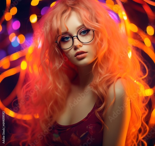 A woman with fiery red hair and stylish glasses stares boldly into the light, her portrait radiating confidence and power