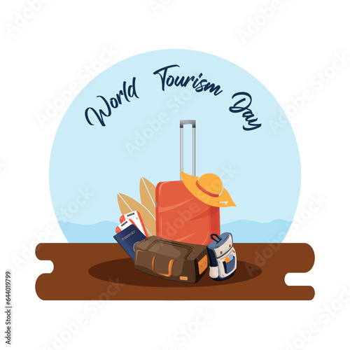 World Tourism Day. The inscription on the blue travel suitcase. Around the monuments of architecture