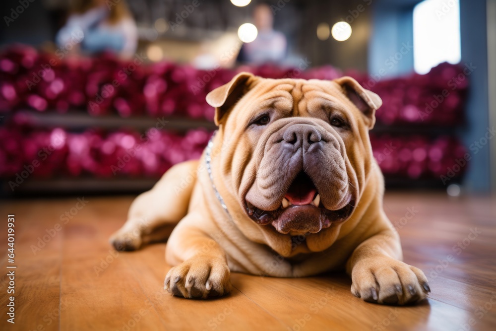 Group portrait photography of a happy chinese shar pei dog lying down wearing a princess crown against a lively classroom background. With generative AI technology
