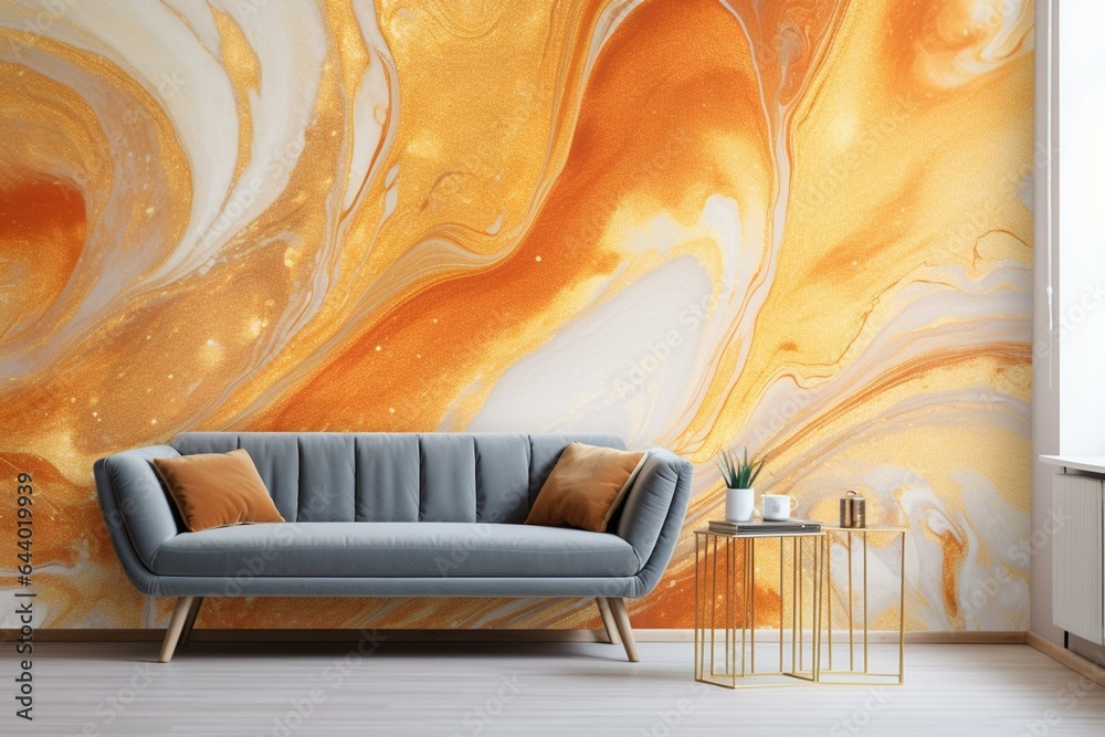 Abstract orange and yellow art with marble swirls, agate ripples, and gold glitter. A luxurious and organic wallpaper. Generative AI - obrazy, fototapety, plakaty 