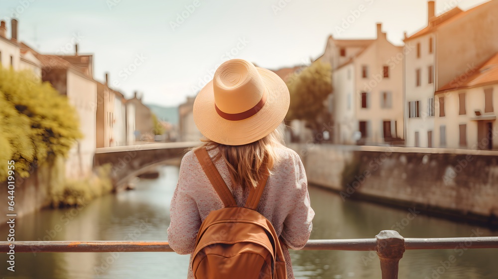 Tourist woman with hat and backpack at a holiday vacation in France, Wanderlust concept