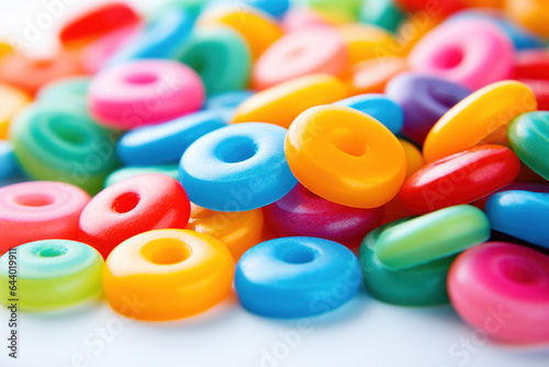 Close-up of colorful candy pieces on a white background