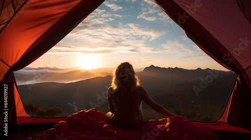 Young woman in the tent looking at the beautiful view of a mountain