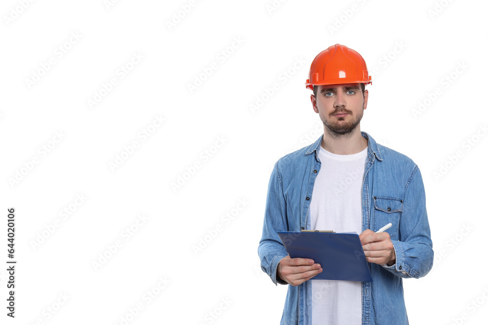 PNG, Engineer in helmet with folder, isolated on white background, space for text PNG, Engineer in helmet with folder, isolated on white background, space for text