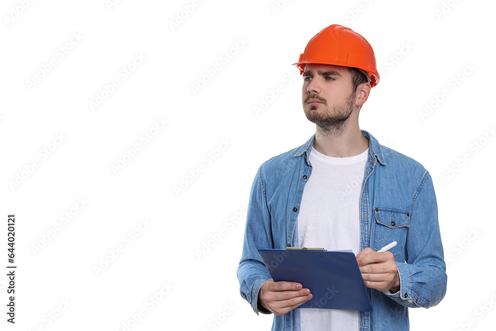 PNG, Engineer in helmet with folder, isolated on white background, space for text PNG, Engineer in helmet with folder, isolated on white background, space for text