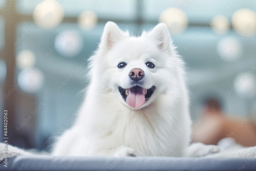 Close-up portrait photography of a funny american eskimo dog licking paws wearing a thermal blanket against a dynamic fitness gym background. With generative AI technology Close-up portrait photography of a funny american eskimo dog licking paws wearing a thermal blanket against a dynamic fitness gym background. With generative AI technology