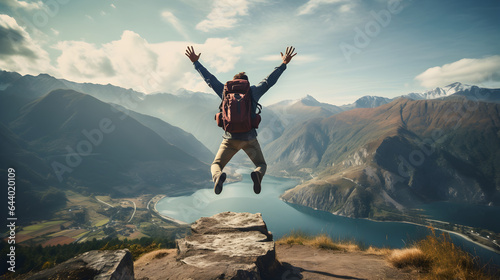 Happy man with backpack jumping on top of the mountain peak with legs folded