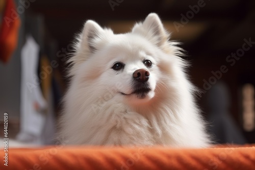 Close-up portrait photography of a funny american eskimo dog licking paws wearing a thermal blanket against a dynamic fitness gym background. With generative AI technology