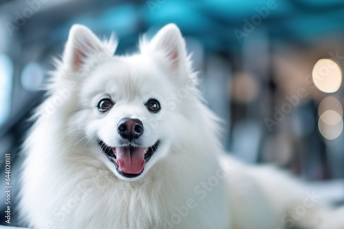 Close-up portrait photography of a funny american eskimo dog licking paws wearing a thermal blanket against a dynamic fitness gym background. With generative AI technology © Markus Schröder