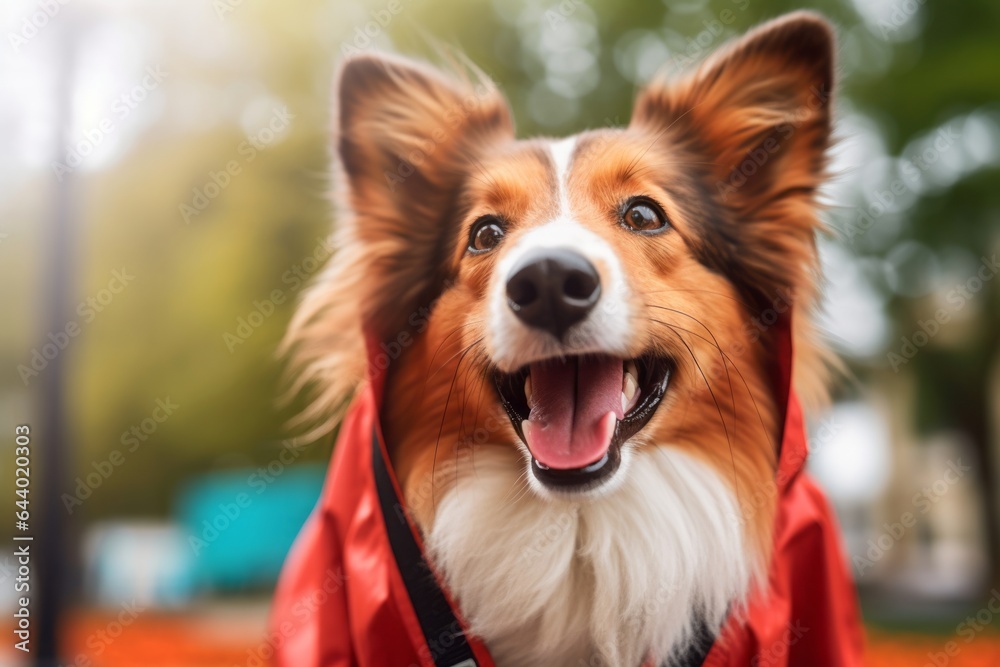 Close-up portrait photography of a smiling shetland sheepdog licking lips wearing a raincoat against a bright and cheerful park background. With generative AI technology