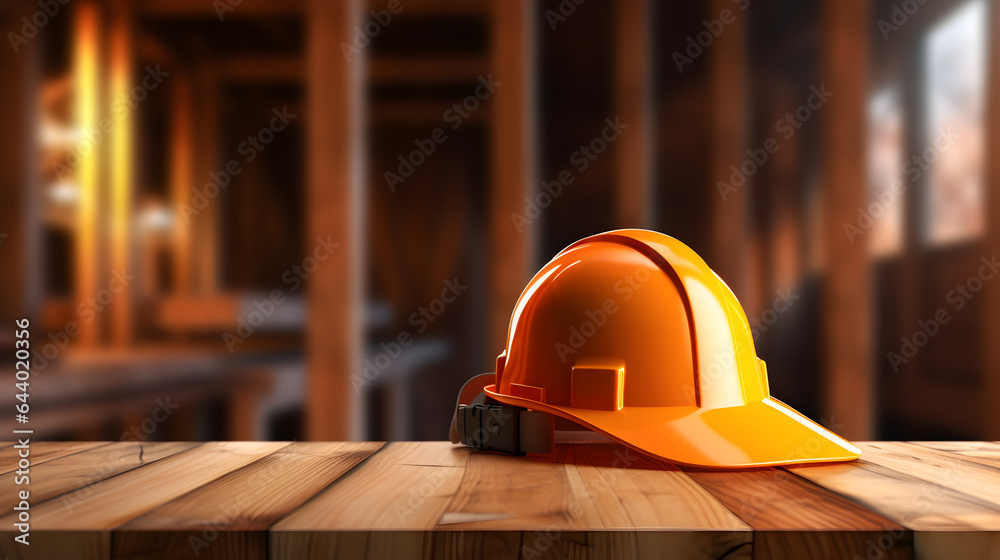 Safety helmet lying on a wooden table Safety helmet lying on a wooden table