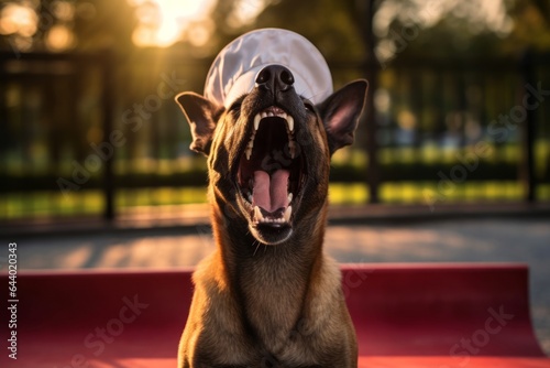 Medium shot portrait photography of a curious belgian malinois dog yawning wearing a chef hat against a bright and cheerful park background. With generative AI technology