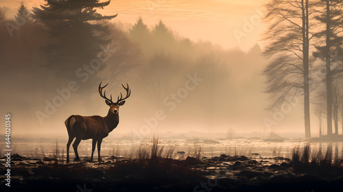 Red deer stag standing in the mist