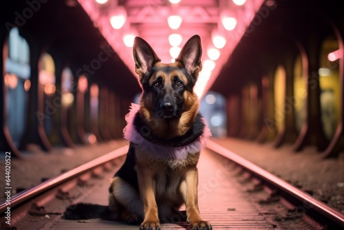 Studio portrait photography of a funny german shepherd nibbling wearing a fairy wings against a bustling city subway background. With generative AI technology