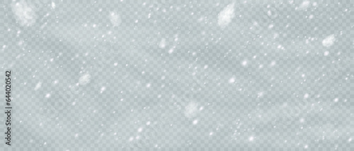 Falling snowflakes in transparent beauty, delicate and small, isolated on a clear background. Snowflake elements, snowy backdrop. Vector illustration of intense snowfall, snowflakes. Christmas.